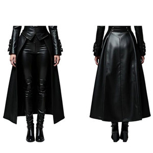 Manteau long en cuir véritable noir pour femme, style gothique steampunk, col montant, détails à boucles, costume de cosplay, vente en gros personnalisée - Product Image 5