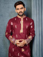 Kurta pour homme de couleur marron avec col mandarin brodé et motif feuille de blé, tenue ethnique traditionnelle pour mariage