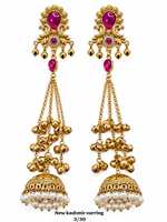 Anting Jhumka Kashmiri Zirkon Hijau Pink Berlapis Emas Antik, Bentuk Bunga Mutiara Imitasi Etnik Tradisional