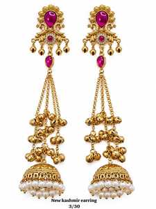 Pendientes Jhumka de Diseño con Piedras Verdes y Rosas, Chapados en Oro, Estilo Kashmiri, con Perlas, para Novias, Bodas y Fiestas - Product Image 6