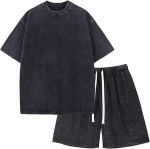 Ensemble de sport décontracté d'été pour homme, t-shirt à manches courtes et short, ensemble deux pièces tendance, haute qualité, lavage à l'acide, 100% coton - Product Image 2
