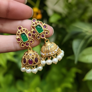 24K Gold Plated Pearl Drop Jhumka Earrings-Vintage Ethnic Religious Design - Product Image 2
