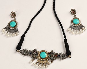 Parure de mariée bicolore turquoise avec collier ras-du-cou, collier à pendentif perle et boucles d'oreilles, style bohème, finition or antique, pour mariage, fiançailles, fête et anniversaire - Product Image 5