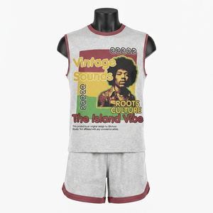 Conjunto de camiseta sin mangas y pantalones cortos de algodón polar vintage negro de 300 GSM con estampado gráfico personalizado DTG. - Product Image 2