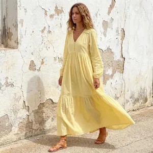 Vestido largo de lino y algodón para mujer, vestido largo holgado con cuello en V, ropa informal de verano - Product Image 2