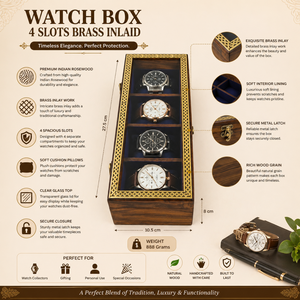 Luxury Rectangle Handcrafted 4-Slot Wooden Watch Box | Indian Rosewood Brass Inlay Glass Lid Organizer <b>Case</b> | Premium Watch - Product Image 3