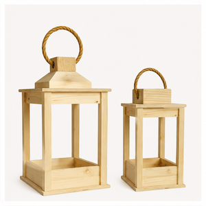 <b>Set</b> of 2 Rustic Farmhouse Wooden <b>Lanterns</b> with Natural Jute Rope Handle Vintage Decorative Candle Holders for Home Garden Use - Product Image 2