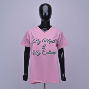 เสื้อยืดคอกลมผู้หญิงสีชมพู ยี่ห้อ MRI พร้อมโลโก้ปักสีชมพูด้านหน้า เสื้อยืดลำลองแขนสั้นผ้าคอตตอนเจอร์ซีย์คุณภาพสูง - Product Image 1