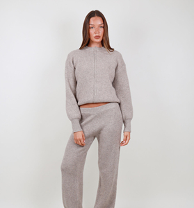 Suéter de punto acanalado beige para mujer, con cremallera, manga larga, cuello redondo, lana acrílica, top de invierno - Product Image 2