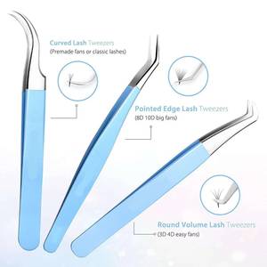 Precision Stainless Steel <b>Eyelash</b> Tweezers Set with Smooth Tips Blue Handle 6-Piece Kit for Lash Extension <b>Application</b> - Product Image 4