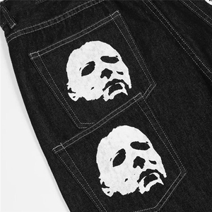 Jean droit décontracté pour homme, coupe ample, imprimé visage sombre, denim délavé moyen, taille mi-haute, style urbain, écologique et respirant - Product Image 6