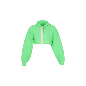 Sweat-shirt décontracté à capuche pour femme, coupe courte, couleur contrastée vert et blanc, épaules tombantes, manches longues, en coton tricoté et fibre de bambou, idéal pour le printemps - Product Image 4