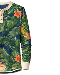 Chemise Henley à imprimé tropical pour homme, bleu marine et vert floral, manches longues, patte de boutonnage, style décontracté, été, plage, mode - Product Image 4