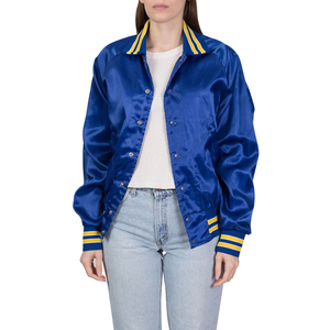 Veste en satin bleu roi vintage pour femme, col rabattu, poignets côtelés rayés jaunes, fermeture à boutons-pression, vente en gros OEM, modèle 2026 le plus vendu - Product Image 4