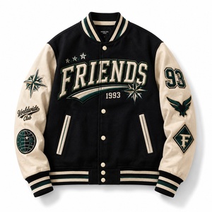 Veste universitaire décontractée pour homme en cuir noir avec manches en cuir et patch brodé personnalisé, idéale pour l'automne - Product Image 1