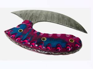 Cuchillo Ulu Exótico y Raro con Mango de Madera Trenzada Azul Magenta, Hoja de Damasco de 6.25 Pulgadas con Funda de Cuero y Soporte de Madera Hecho a Mano - Product Image 3