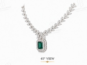 Elegant <b>necklace</b> in 18K white gold with emerald cut green gemstone floral leaf design surrounded by brilliant lab grown diamonds - Product Image 4
