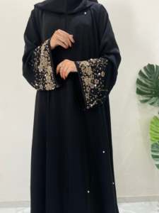 Luxury Breathable Handmade Black Beaded Polyester Abaya <b>Long</b> Sleeve Floor Length Elegant Modest <b>Dress</b> <b>for</b> Women <b>Eid</b> Prayer Wear - Product Image 1