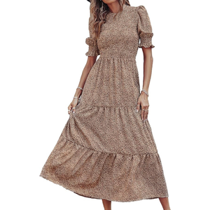 Robe longue smockée à volants et manches bouffantes, couleur unie, décontractée et élégante pour l'été - Product Image 1