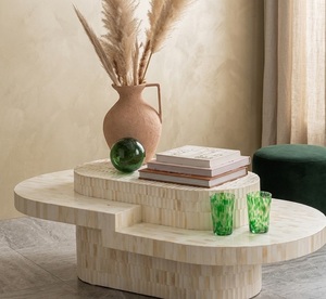 Table basse moderne en acier à l'aspect pierre, table centrale ronde, ensemble de tables d'appoint à niveaux pour salon - Product Image 2
