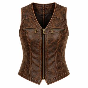 VIBE SEWN Women's Gothic Motorcycle <b>Vest</b>-Double Breasted Closure Waterproof & Breathable Genuine Leather Outerwear - Product Image 1