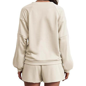 Conjunto de Sudadera Oversize de Algodón Crema con Manga Raglán, Cuello Redondo, Color Sólido, Casual, Unisex, para Otoño - Product Image 2