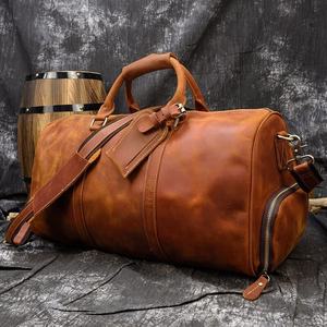 Men's Crazy Horse Leather Travel Duffle Handmade Male Travel <b>Tote</b> Bag for Airplane Handbag With Shoe Compartment MBF-0069 - Product Image 1