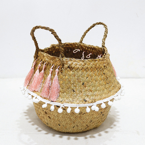 New Design Circle Durable Palm Leaf Storage <b>Basket</b> Pink Tassel Woven Laundry Bin <b>Foldable</b> with Handle - Product Image 6