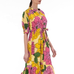Bold Glamour Floral <b>Plus</b> <b>Size</b> Women's <b>Dress</b> V-neck A-Line Silhouette Chiffon Fabric Drawstring Waist Side <b>Pockets</b> Lined Front - Product Image 1