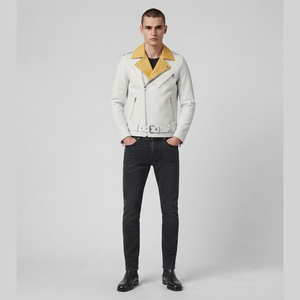 Custom Unisex White & <b>Yellow</b> Biker Leather Jacket Motorcycle Zip Belted Fashion <b>Coat</b> Premium Slim Fit Moto Jacket for Unisex - Product Image 5