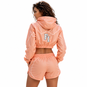 Conjunto de 2 piezas de chaqueta cortavientos y pantalones cortos de poliéster/algodón de estilo urbano para mujer, transpirable, informal, chaquetas para hombre - Product Image 3