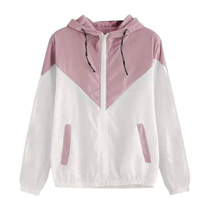 เสื้อแจ็คเก็ตบอมเบอร์แบบมีฮู้ด สีชมพูขาว ลายบล็อกสี ซิปหน้า ทรงสปอร์ต น้ำหนักเบา ระบายอากาศได้ดี บุด้วยขนเป็ด กันลม กันรังสียูวี สำหรับฤดูหนาว เหมาะสำหรับทั้งชายและหญิง - Product Image 1
