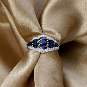 Bague en or jaune 14 carats avec saphir bleu naturel et grappe de diamants pour femme |   Bijoux fins de coupe marquise, vente en gros, OEM, ODM - Product Image 6