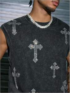 Camiseta sin mangas con gráfico de diamantes de imitación para hombre, estilo streetwear con lavado ácido, logotipo personalizado, fábrica OEM - Product Image 5