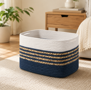<b>Rectangular</b> Rope <b>Storage</b> <b>Basket</b> With Handles Navy White Striped Nordic Style Multi-Purpose Organizer - Product Image 4