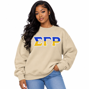 เสื้อสเวตเชิ้ตคอกลมสีเบจ Sigma Gamma Rho ลายตัวอักษรกรีกสีน้ำเงินเหลือง แขนยาว สวมใส่สบายๆ เหมาะสำหรับกลุ่มพี่น้องนักศึกษา - Product Image 1