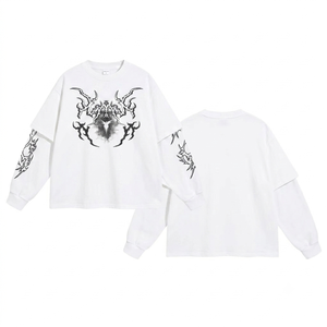 Camiseta Unisex Oversize de Manga Larga con Estampado Gráfico Punk Gótico, Blanca, Estilo Urbano, Hip Hop, Moda Urbana - Product Image 1
