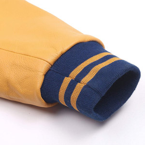 <b>Men's</b> Navy Blue Varsity <b>Jacket</b> With Yellow <b>Leather</b> Sleeves Stand Collar Preppy Style Autumn Wear - Product Image 3