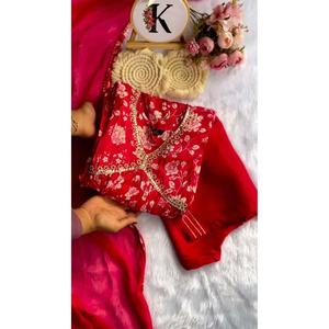 DISEÑADOR MUSELINA SEDA HECHO A MANO IMPRESO DIGITAL ALIA CUT GOWN BOTTOM CON DUPATTA ROJO - Product Image 6