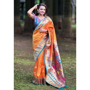 Elite weaves orangery chandrakor Swan yeola paithani Silk Saree zari ทอด้วยสีส้มตัดกันเสื้อผ้าอินเดียและปากีสถาน - Product Image 3