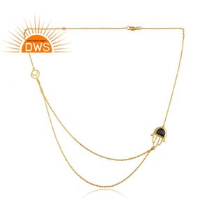 Gold Plated Silver Double Chain <b>Necklace</b> Red Onyx Gemstone <b>Hamsa</b> <b>Hand</b> <b>Necklace</b> Women Silver Jewelry Manufacturer - Product Image 3