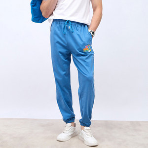 Pantalon de jogging décontracté pour homme, bleu brodé, taille élastique, en coton mi-lourd avec cordon de serrage, idéal pour le printemps - Product Image 1