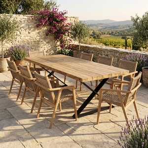 Solid teak wood garden dining <b>table</b> premium outdoor wooden <b>picnic</b> desk sturdy backyard patio metal legs furniture z frame design - Product Image 5