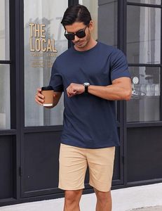 T-shirt pour homme bleu marine à manches courtes, col rond, coupe ajustée, décontracté, tricoté, 100% coton, design uni, tissu jersey respirant - Product Image 3