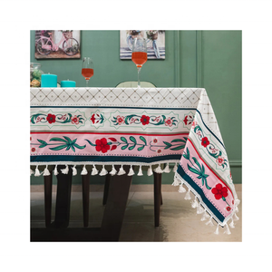 Luxurious Floral Tasselled GOTS Certified 100% Cotton Embroidered Tablecloth 52x70 Inches Great for Special Celebrations & Event - Product Image 1