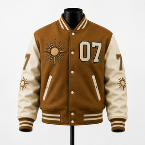 Chaqueta Varsity Personalizada para Hombre, Chaqueta de Béisbol Marrón con Cuerpo de Lana y Mangas de Cuero, Chaqueta Bomber Universitaria Estilo Urbano OEM - Product Image 1