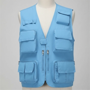 <b>Men's</b> Blue Casual Work <b>Vest</b> V-Neck Zipper Closure Multiple Pockets Breathable Polyester Outerwear Summer Style - Product Image 1