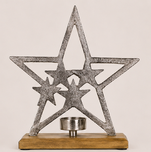 Portavelas de metal industrial hecho a mano con diseño de estrella dentro de una estrella y base rústica de madera de mango para Navidad y decoración de mesa del hogar. - Product Image 5