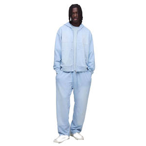 Mens Olive Green Solid Oversized <b>Full</b>-<b>Zip</b> <b>Hoodie</b> and Matching Wide-Leg Pants Tracksuit OEM ODM Wholesale Apparel - Product Image 5