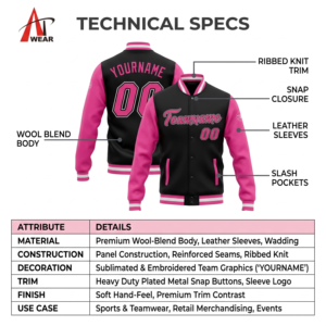Veste universitaire en cuir rose et noir sur mesure pour homme avec rembourrage en polyester - Product Image 5